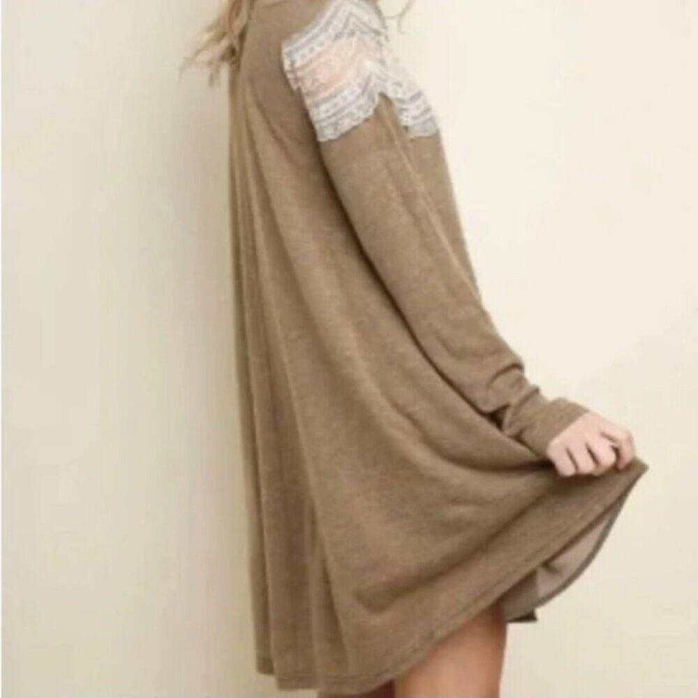 NEW Umgee Brown Swing Babydoll Dress White Lace USA Made Fall Cottage
